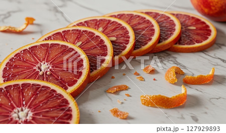 Fresh ripe blood orange slices and peel arranged in a row on a white marble countertop 127929893