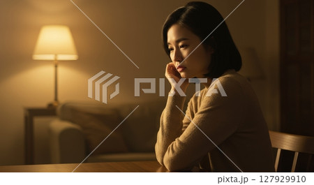 Pensive young Asian woman contemplating quietly in a warm, dimly lit home interior setting 127929910