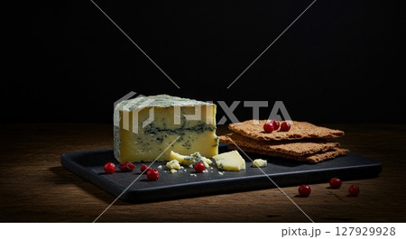 Gourmet blue cheese with red cranberries and crispy crackers on a dark wooden board 127929928