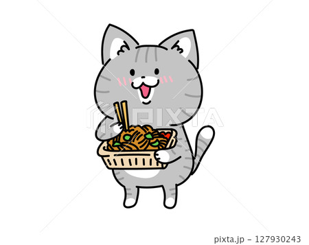 焼きそばを食べる猫ちゃん 127930243