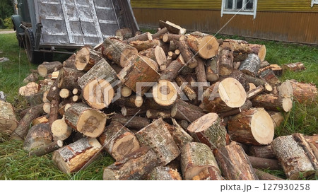 Pile of firewood logs near a truck and a wooden house, preparing for winter 127930258