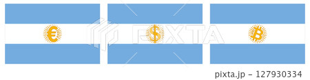 Flag of Argentina, Sun face replaced with euro, dollar, bitcoin sign. Argentine trade to Europe, United States and cryptocurrency trading concept Flag of Argentina, Sun face replaced with euro, dollar, bitcoin sign. Argentine trade to Europe, United States and cryptocurrency trading concept 127930334
