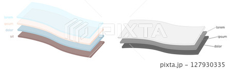 Simple layers or fabric diagram. Two versions one layer is transparent, sheets are slightly bent 127930335