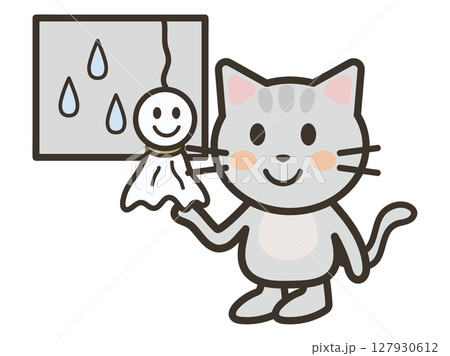 てるてる坊主とかわいい猫ちゃんのイラスト 127930612