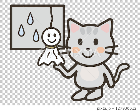 てるてる坊主とかわいい猫ちゃんのイラスト 127930612