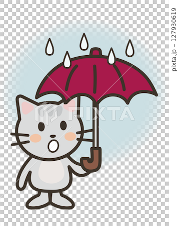 Illustration of a cute cat holding an umbrella and looking up at the rainy sky 127930619