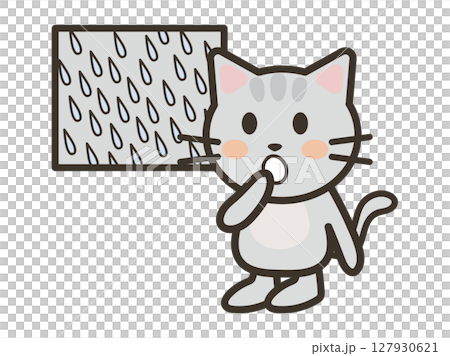 大雨に驚くかわいい猫ちゃんのイラスト 127930621