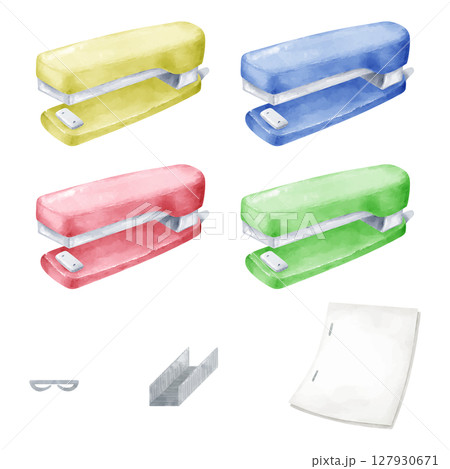 水彩画風のカラフルなステープラーとステープルと紙のイラストセット 127930671