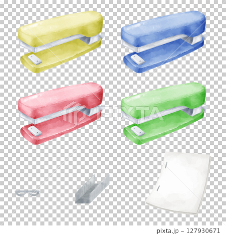 水彩画風のカラフルなステープラーとステープルと紙のイラストセット 127930671