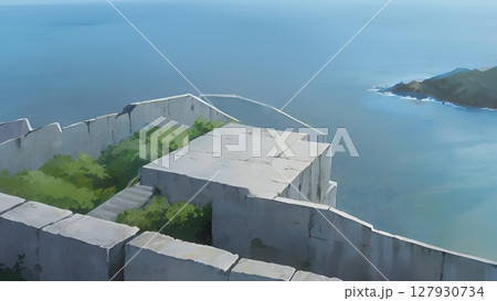 ゲーム背景　秋の青空と長い石畳の階段がある街の裏路地風景 127930734