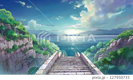 ゲーム背景　秋の青空と長い石畳の階段がある街の裏路地風景 127930735