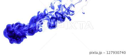 Blue ink injected into water from syringe, colour mixing with water creating abstract shapes, white background banner with space for text right side Blue ink injected into water from syringe, colour mixing with water creating abstract shapes, white background banner with space for text right side 127930740