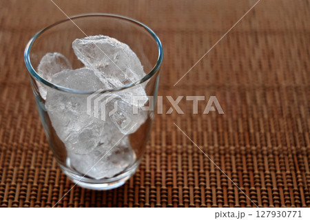 透明のグラスに入った冷たい氷、コールドドリンク用の飲食店のメニュー背景 透明のグラスに入った冷たい氷、コールドドリンク用の飲食店のメニュー背景 127930771