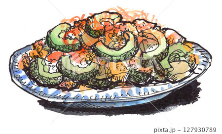 水彩で描いたゴーヤーチャンプルー25701pix7 水彩で描いたゴーヤーチャンプルー25701pix7 127930789