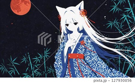 Pensive Anime Girl with White Hair and Cat Ears Under Red Moon 127930856