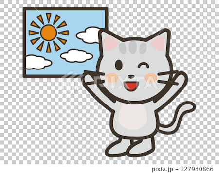 天気が良くて喜ぶかわいい猫ちゃんのイラスト 127930866
