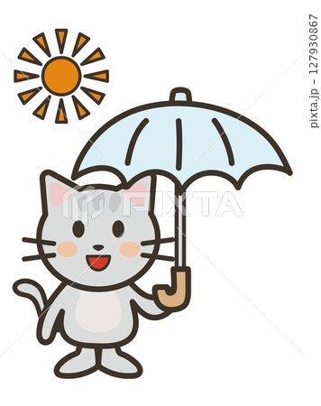 日傘を差すかわいい猫ちゃんのイラスト 127930867