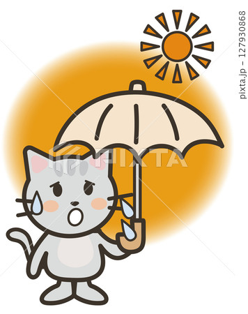 猛暑にうんざりして日傘を差すかわいい猫ちゃんのイラスト 127930868