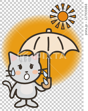 猛暑にうんざりして日傘を差すかわいい猫ちゃんのイラスト 127930868