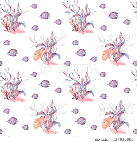 Underwater seamless pattern of tropical sea flora in orange pink hues isolated. Watercolor repeated background seabed with plants, fishes for nautical fabric prints, textile, and packaging. 127930869