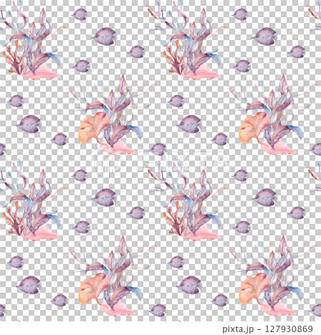 Underwater seamless pattern of tropical sea flora in orange pink hues isolated. Watercolor repeated background seabed with plants, fishes for nautical fabric prints, textile, and packaging. 127930869