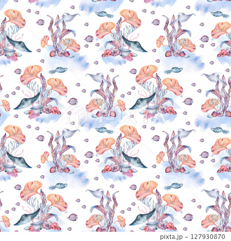 Colorful tropical ocean life seamless pattern with fish clown, bright sea flora on blue watercolor splashes isolated. Hand painted marine summer repeat texture for design print, textile, beach fabric. 127930870