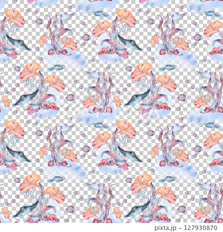 Colorful tropical ocean life seamless pattern with fish clown, bright sea flora on blue watercolor splashes isolated. Hand painted marine summer repeat texture for design print, textile, beach fabric. 127930870