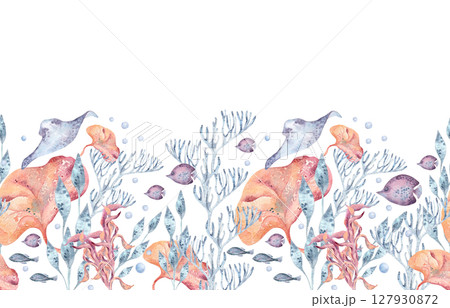 Bright watercolor underwater repeated background of seaweeds and tropical plants in orange and blue tones isolated. Hand drawn marine botanical seamless banner for coastal designs, tropical pattern. 127930872