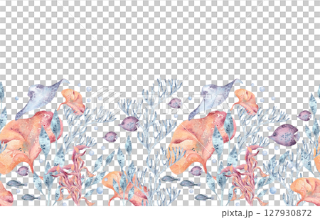 Bright watercolor underwater repeated background of seaweeds and tropical plants in orange and blue tones isolated. Hand drawn marine botanical seamless banner for coastal designs, tropical pattern. 127930872
