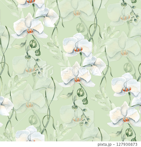 Light green branches, white orchids, flower buds watercolor seamless pattern isolated. Floral repeat backdrop hand painted pastel colors for wedding designs, textiles, and nature themed wallpaper. 127930873
