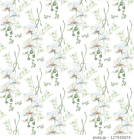 Floral watercolor seamless pattern pastel tones with orchids, buds, and light leafy twigs isolated. Subtle botanical repeated print hand drawn for wrapping paper, wallpapers, and soft textile designs. 127930874