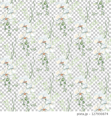 Floral watercolor seamless pattern pastel tones with orchids, buds, and light leafy twigs isolated. Subtle botanical repeated print hand drawn for wrapping paper, wallpapers, and soft textile designs. 127930874