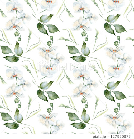 Floral seamless design pastel colors with holly, orchid blossoms, and soft leaves in hand painted watercolor. White flowers repeated pattern for wrapping paper, textiles, and seasonal paper goods. 127930875