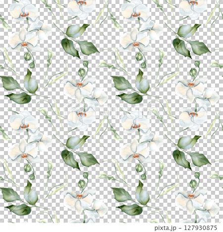 Floral seamless design pastel colors with holly, orchid blossoms, and soft leaves in hand painted watercolor. White flowers repeated pattern for wrapping paper, textiles, and seasonal paper goods. 127930875