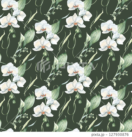 White flowers with green foliage pastel watercolor seamless pattern isolated on dark. Orchid and lily buds light floral repeat background hand drawn for bridal paper goods, packaging, fabric design. 127930876