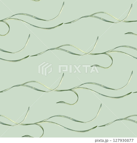Green vine lines horizontal seamless pattern delicate watercolor isolated. Hand painted soft botanical flow on repeat background for organic wrapping paper, natural branding, textile, wallpaper. 127930877