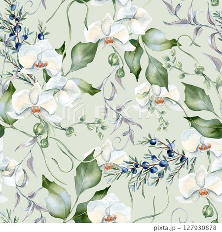 Orchids, holly, and juniper twigs watercolor floral seamless background isolated. Pastel botanical pattern hand drawn with greenery and white flowers for packaging, wrapping paper, and stationery. 127930878