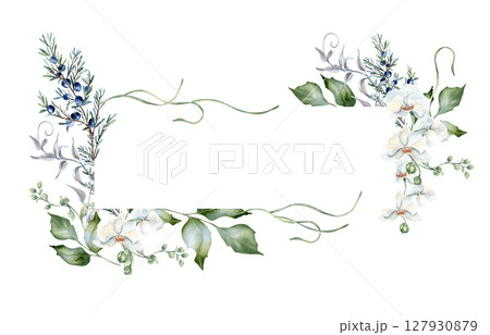 Watercolor frame with white orchid flowers and winter greenery isolated. Juniper sprigs, holly leaves, and blooms hand painted botanical banner for festive stationery and cold season branding. 127930879