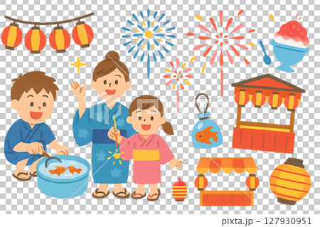 夏日祭典插畫：浴衣、小吃攤、煙火、撈金魚套裝 127930951