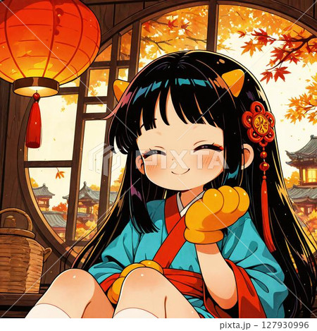 Happy Anime Cat Girl in Traditional Setting with Lantern 127930996