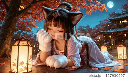 Cute Anime Cat Girl Resting in Autumn Night Scene 127930997