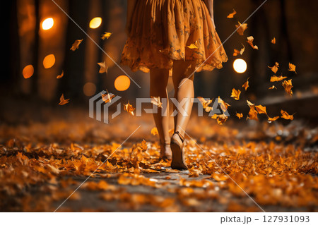 close view of women's legs from behind walking along a wet autumn city street with flying yellow leaves, rainy weather with street lights in night, beautiful autumn background 127931093