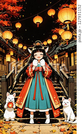 Joyful Anime Cat Girl with Companions at Autumn Festival 127931152