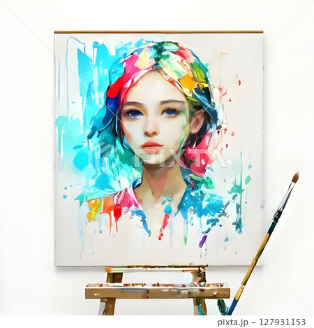 Vivid portrait capturing young woman with paint-splattered hair and skin, expressing raw artistic energy and contemporary beauty through vibrant, dynamic styling 127931153