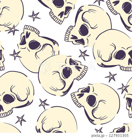 Seamless pattern with human cranium. Vector stylized skulls isolated on white background. Background with human bone for Halloween decor or product design in mystical style. Seamless pattern with human cranium. Vector stylized skulls isolated on white background. Background with human bone for Halloween decor or product design in mystical style. 127931305