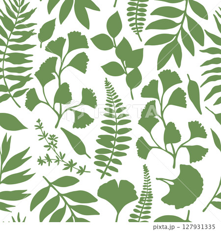 Seamless pattern of tropical green forest leaves. Vector illustration. Silhouette of ginkgo, fern 127931335