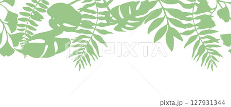 Seamless border of tropical green forest leaves. Vector illustration. Silhouette of monstera, fern, eucalyptus 127931344
