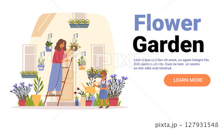 Flower garden home gardening women watering plants greenery outdoor activity colorful pots house background web banner Flower garden home gardening women watering plants greenery outdoor activity colorful pots house background web banner 127931548
