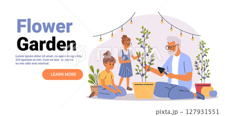 Flower garden family gardening together outdoor plants potted trees string lights elderly man children teamwork flat design landing page 127931551