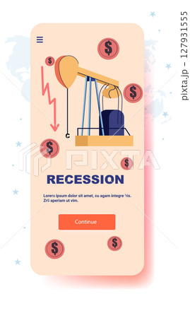 Oil pump recession economic crisis falling graph coins mobile app screen template pastel background 127931555